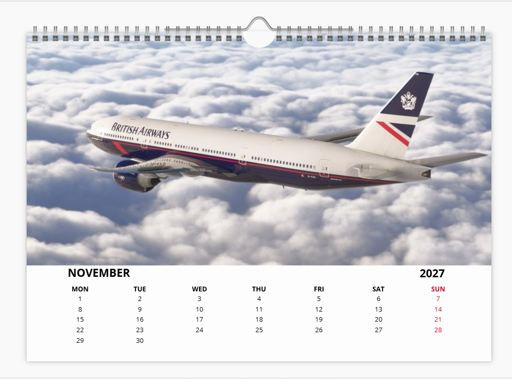 British Airways Boeing 777 2027 Calendar A4 WALL Calendar