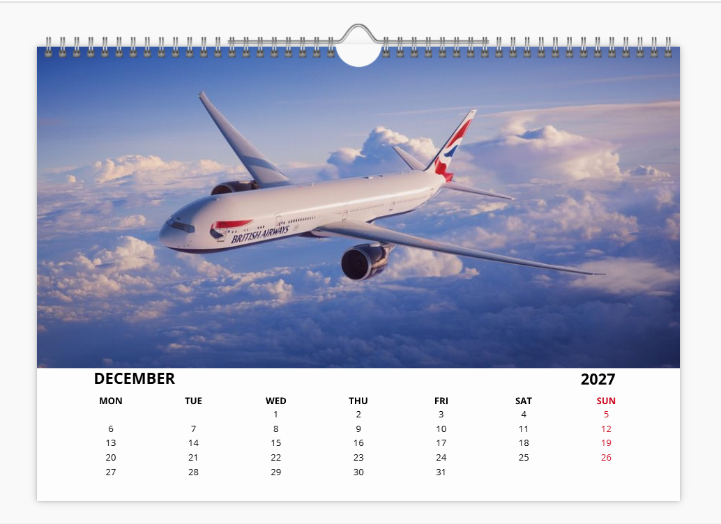 British Airways Boeing 777 2027 Calendar A4 WALL Calendar