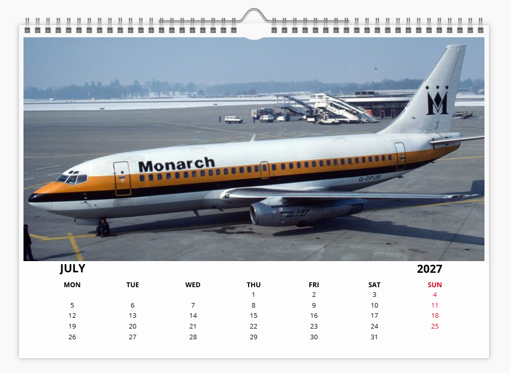 Monarch Airlines 2027 Aircraft Tribute Calendar A4 WALL Calendar