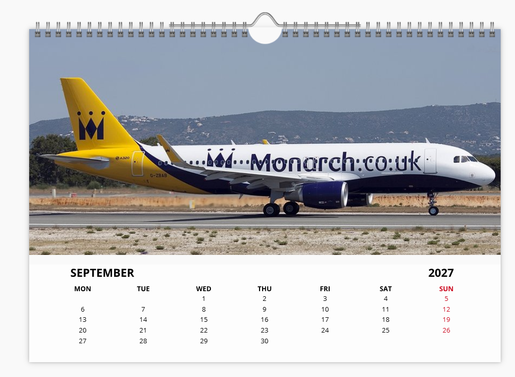 Monarch Airlines 2027 Aircraft Tribute Calendar A4 WALL Calendar