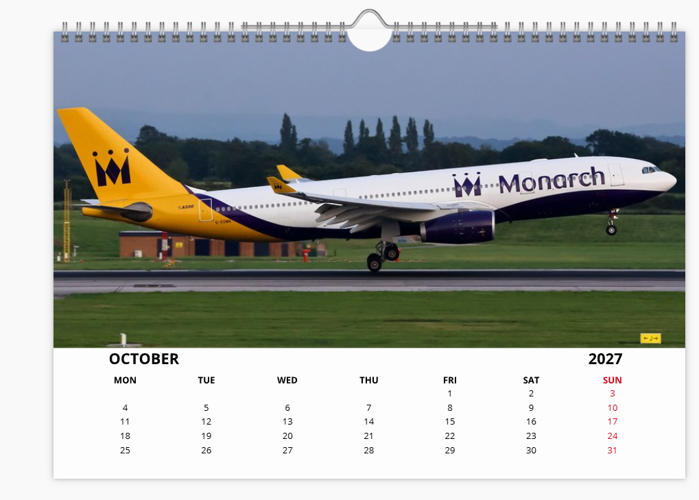 Monarch Airlines 2027 Aircraft Tribute Calendar A4 WALL Calendar