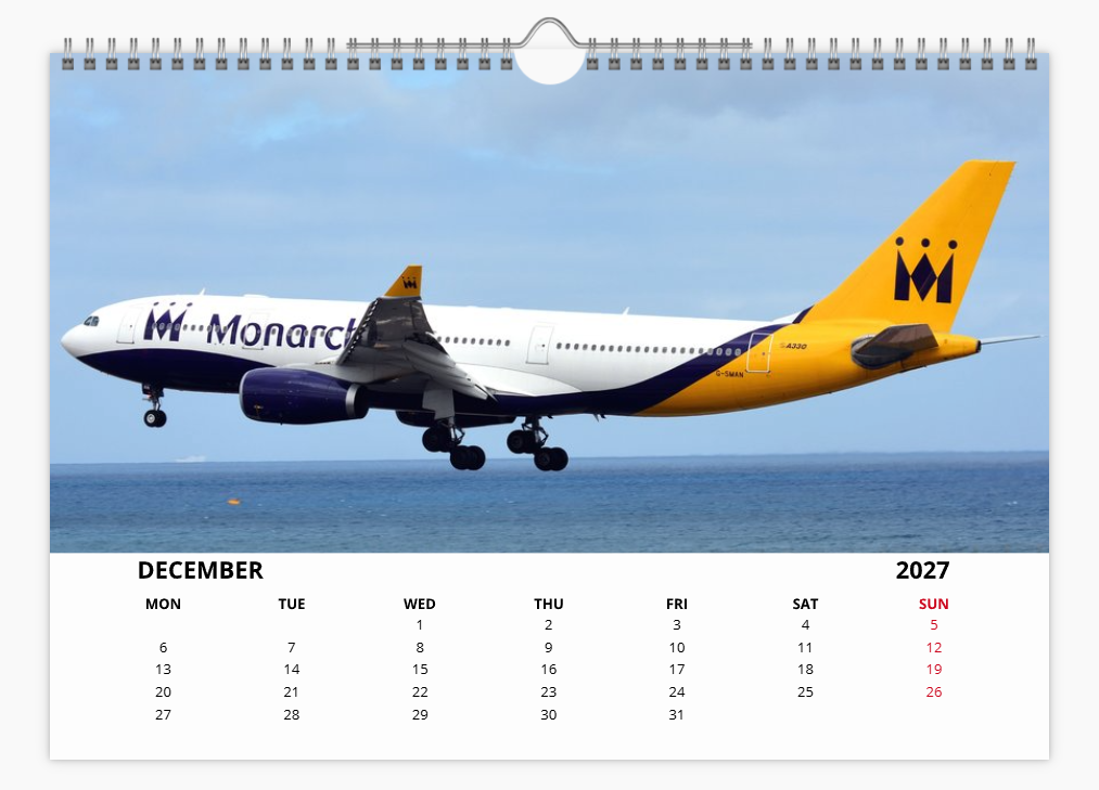 Monarch Airlines 2027 Aircraft Tribute Calendar A4 WALL Calendar