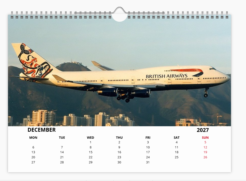 HONG KONG KAI TAK AIRPORT TRIBUTE 2027 Calendar A4 WALL Calendar