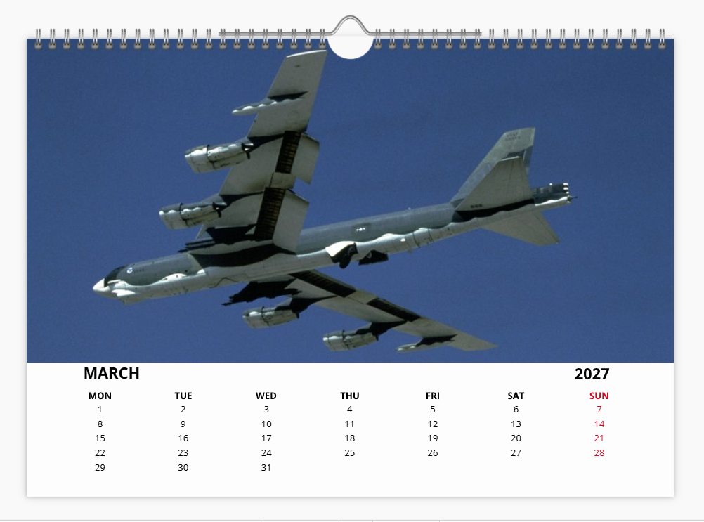 BOEING B52 USAF Bomber 2027 Tribute A4 Wall Calendar