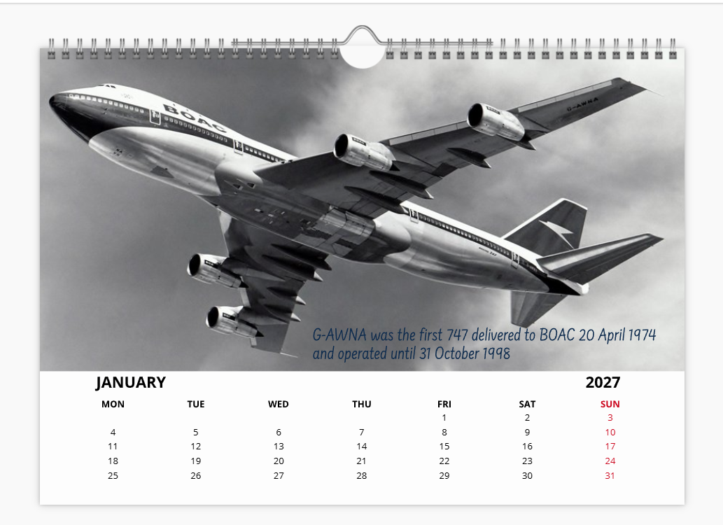 British Airways Boeing 747 2027 Tribute Calendar A4 WALL Calendar