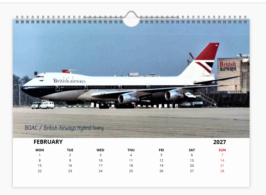 British Airways Boeing 747 2027 Tribute A4 Wall Calendar