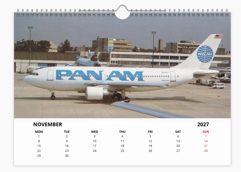 PAN AM Pan American World Airways 2027 Aircraft Tribute Calendar A4 WALL Calendar