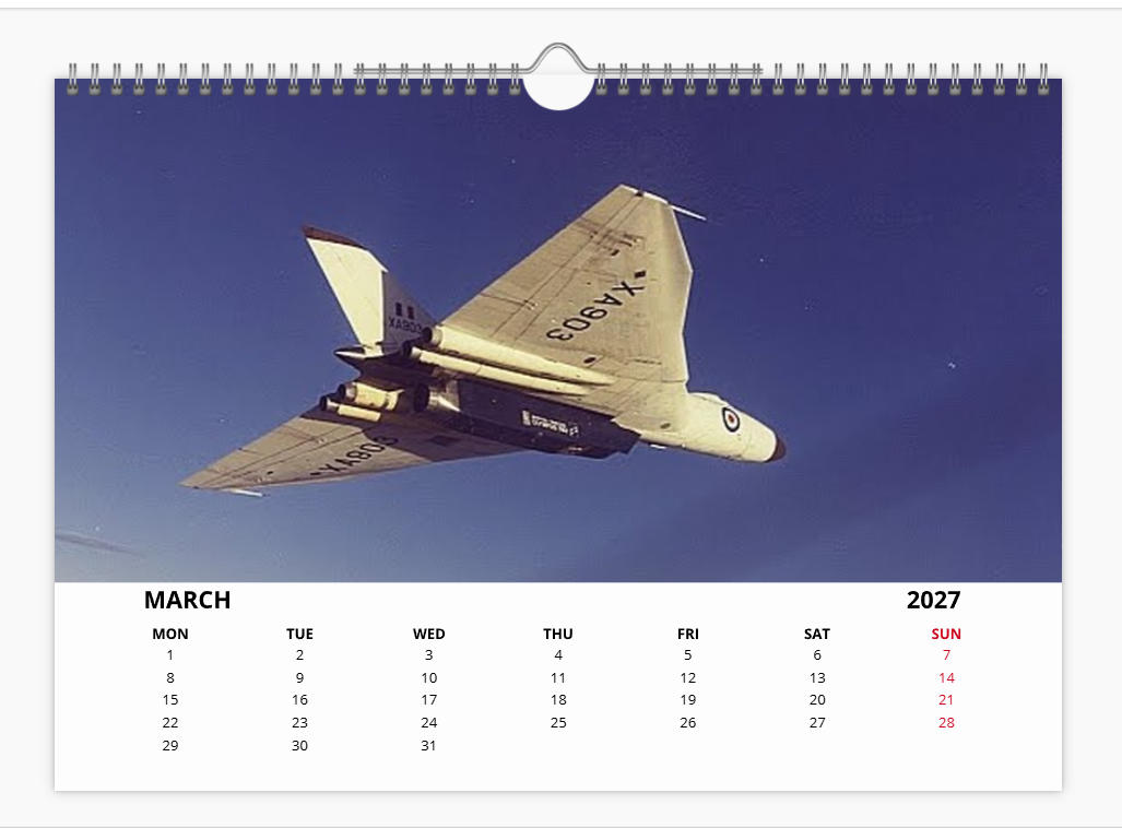 AVRO VULCAN RAF BOMBER 2027 Calendar A4 WALL Calendar