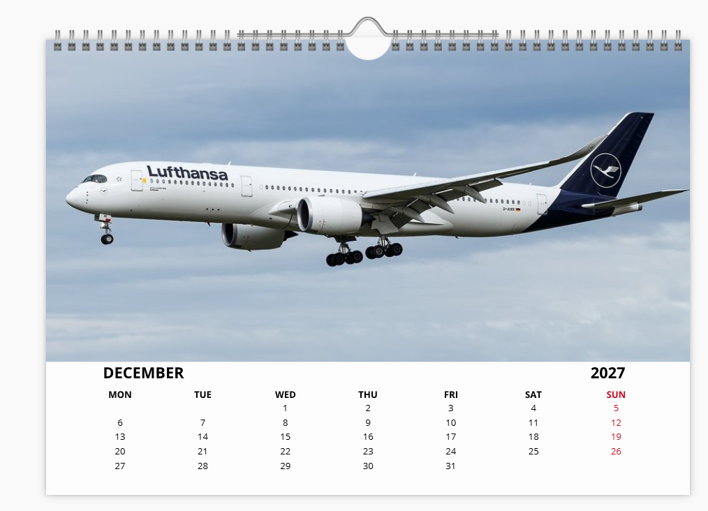 Lufthansa  2027 Aircraft Calendar A4 WALL Calendar