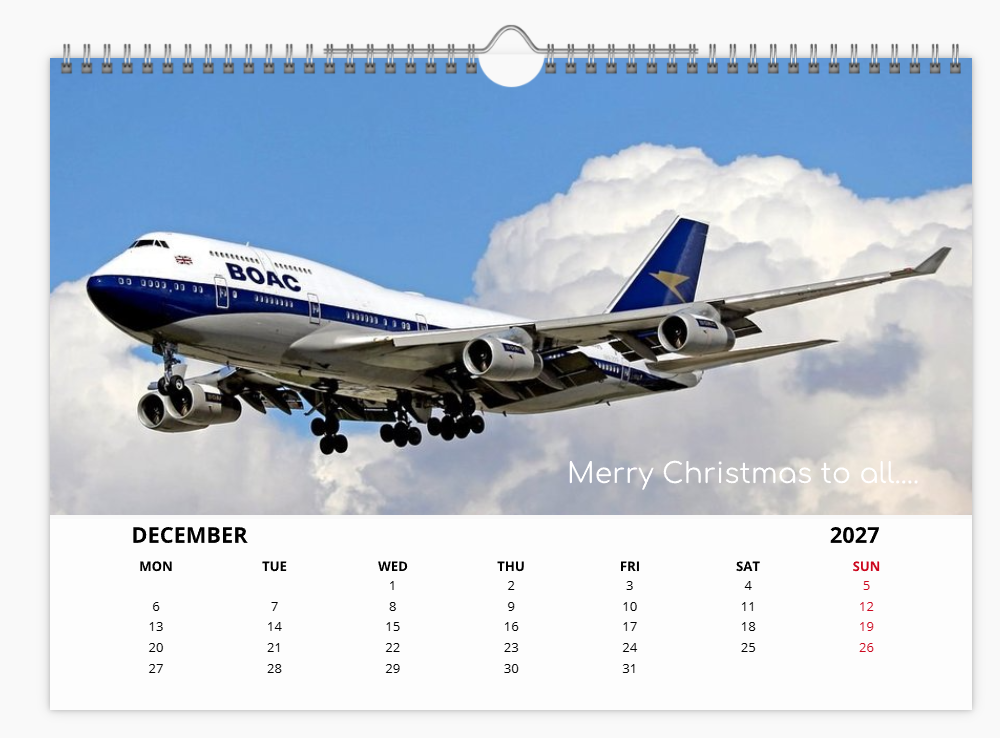 BOAC BRITISH OVERSEAS AIRWAYS CORPORATION 2027 Tribute Calendar A4 WALL Calendar