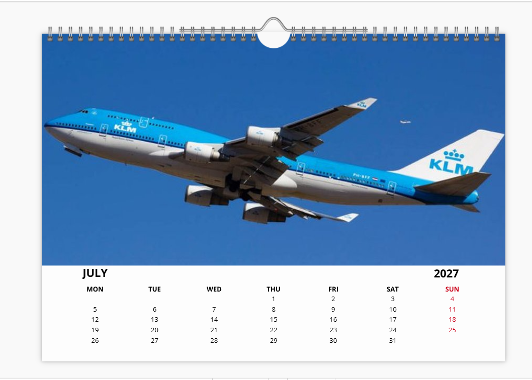 KLM ROYAL DUTCH AIRLINES  2027 Aircraft Calendar A4 WALL Calendar