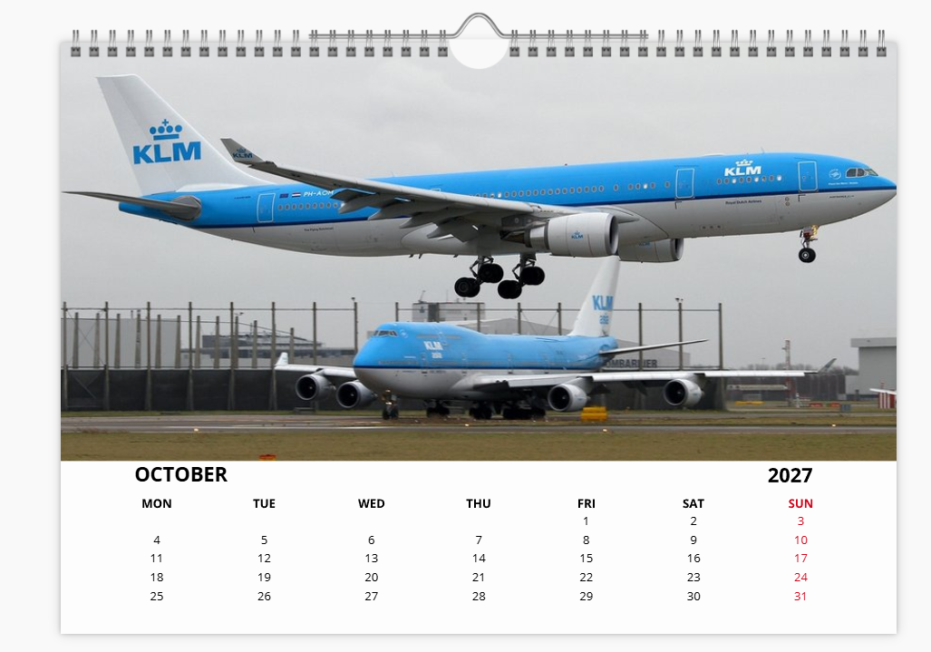 KLM ROYAL DUTCH AIRLINES  2027 Aircraft Calendar A4 WALL Calendar