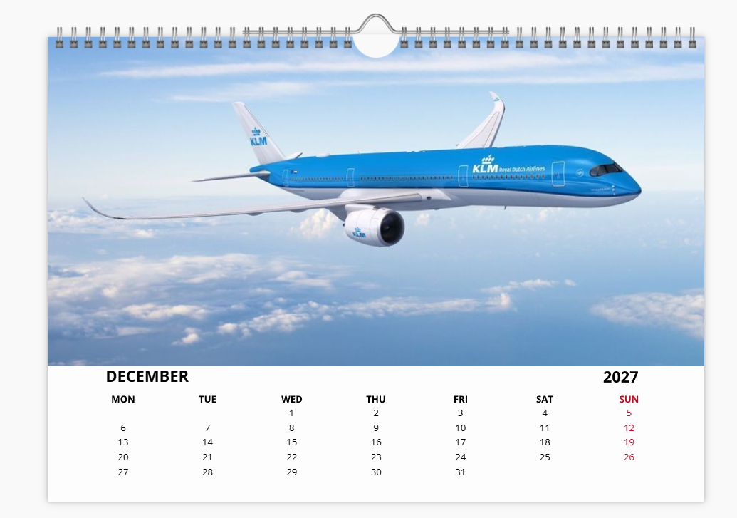 KLM ROYAL DUTCH AIRLINES  2027 Aircraft Calendar A4 WALL Calendar