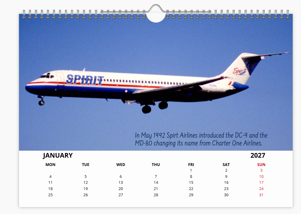 Spirit Airlines Tribute 2027 A4 Wall Calendar