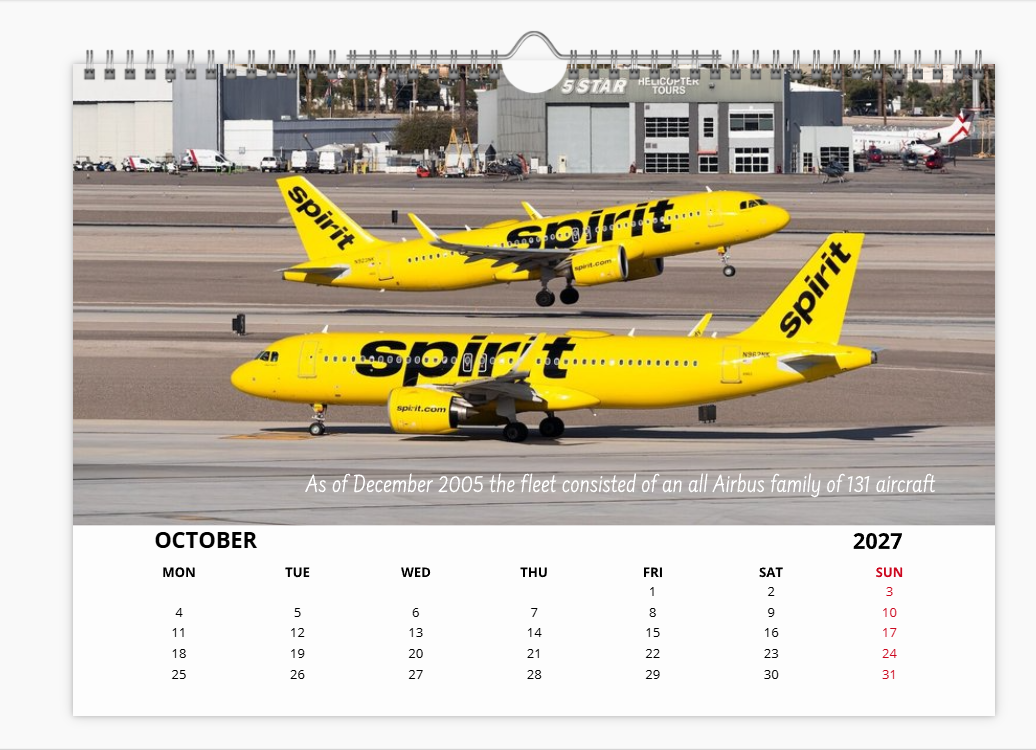 SPIRIT AIRLINES TRIBUTE 2027 Aircraft Tribute Calendar A4 WALL Calendar