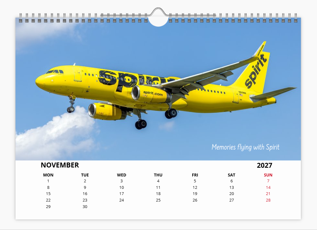 SPIRIT AIRLINES TRIBUTE 2027 Aircraft Tribute Calendar A4 WALL Calendar