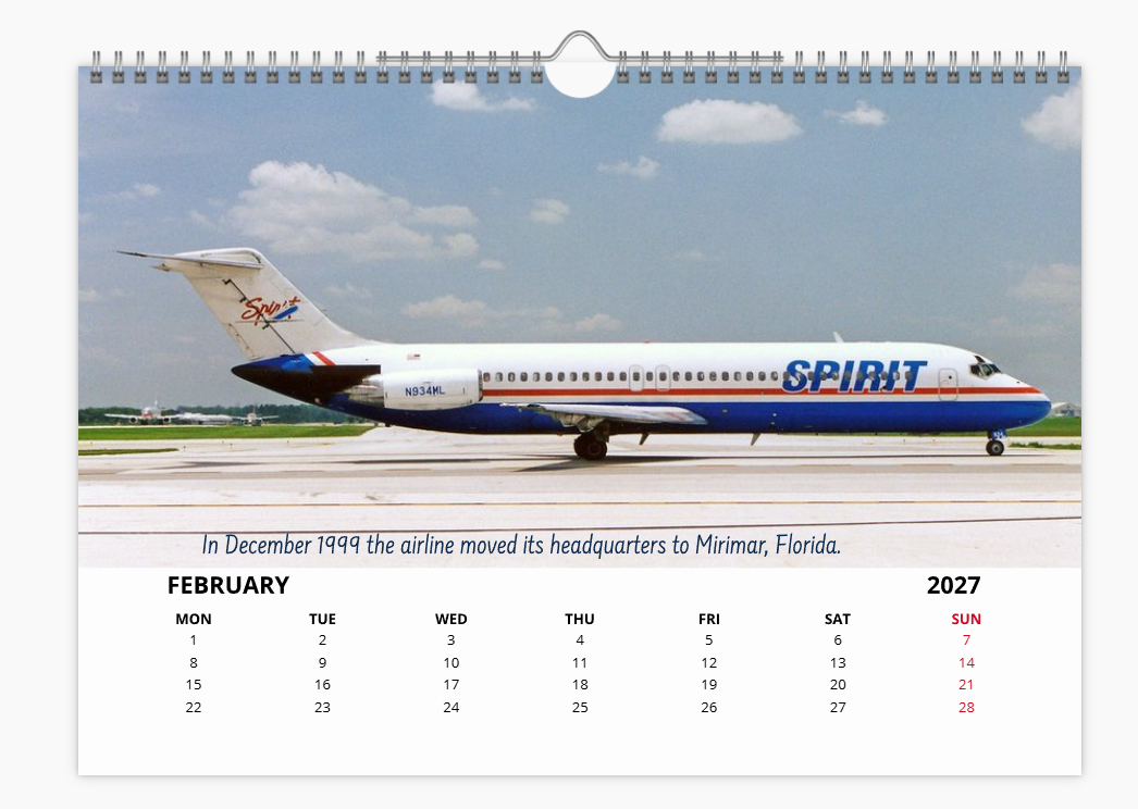SPIRIT AIRLINES TRIBUTE 2027 Aircraft Tribute Calendar A4 WALL Calendar