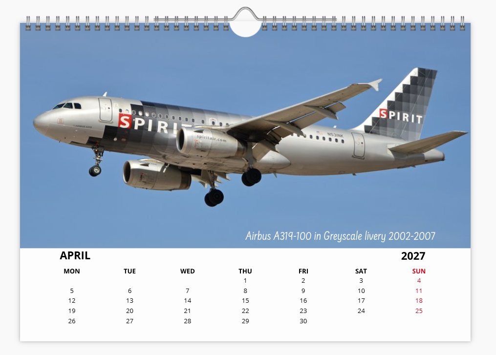 SPIRIT AIRLINES TRIBUTE 2027 Aircraft Tribute Calendar A4 WALL Calendar