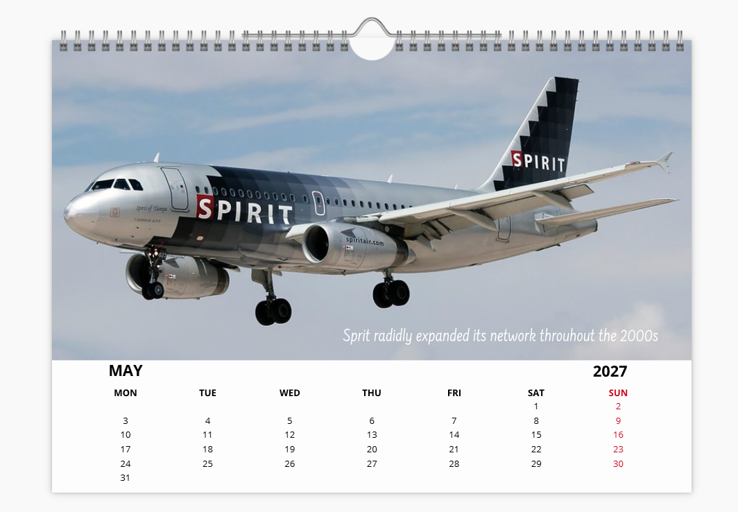 SPIRIT AIRLINES TRIBUTE 2027 Aircraft Tribute Calendar A4 WALL Calendar
