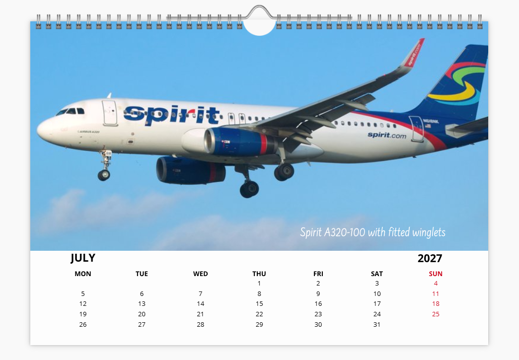SPIRIT AIRLINES TRIBUTE 2027 Aircraft Tribute Calendar A4 WALL Calendar