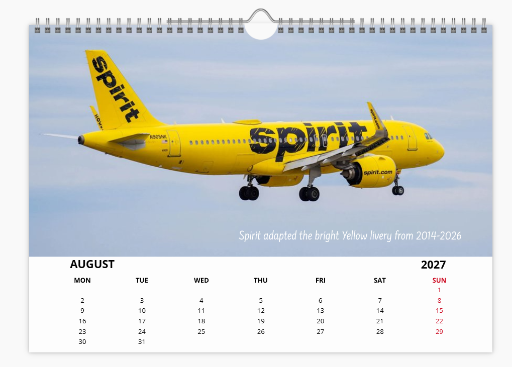 SPIRIT AIRLINES TRIBUTE 2027 Aircraft Tribute Calendar A4 WALL Calendar