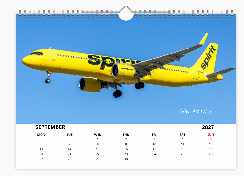 SPIRIT AIRLINES TRIBUTE 2027 Aircraft Tribute Calendar A4 WALL Calendar