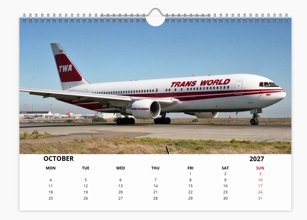 TWA TRANS WORLD AIRLINES 2027 Calendar A4 WALL Calendar