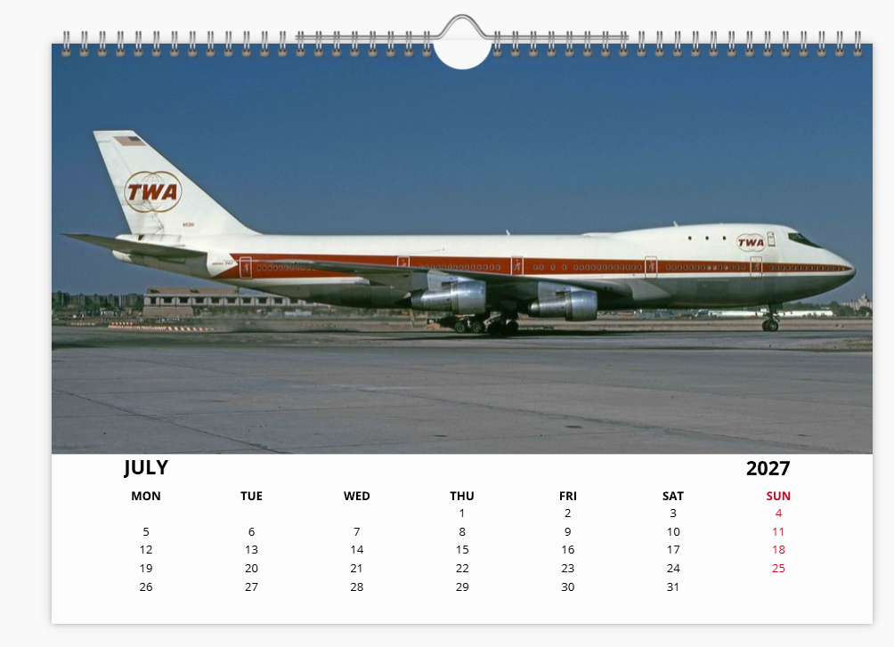 TWA TRANS WORLD AIRLINES 2027 Calendar A4 WALL Calendar
