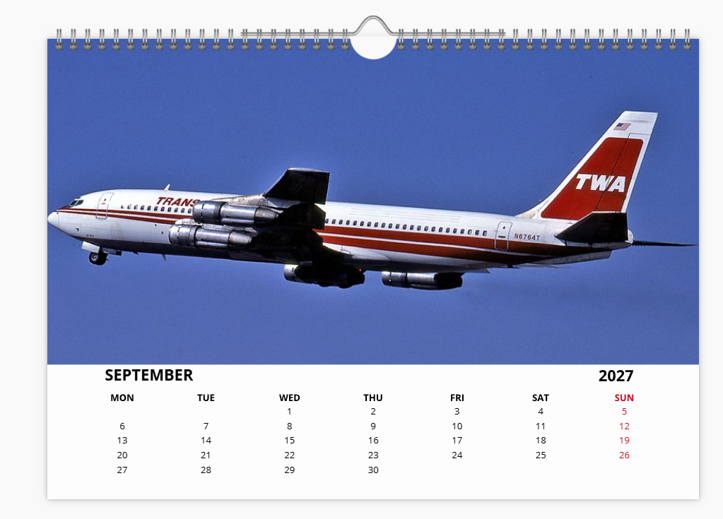 TWA TRANS WORLD AIRLINES 2027 Calendar A4 WALL Calendar