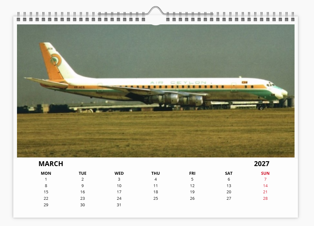 Air Lanka Cylon Airways 2027 A4 Wall Calendar