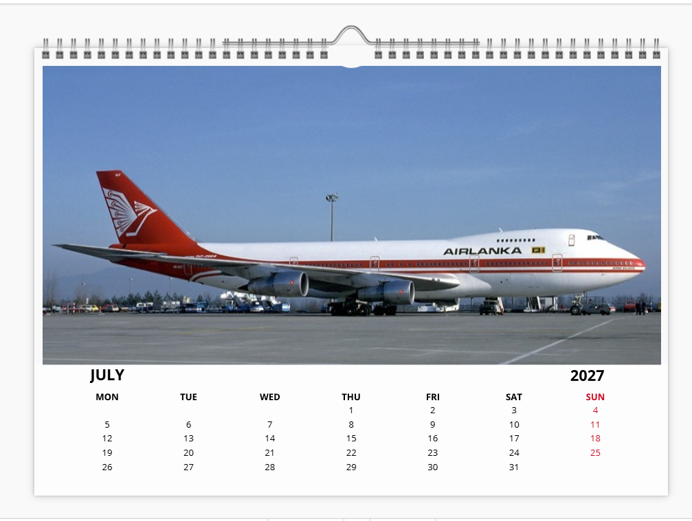 AIR LANKA CYLON AIRWAYS 2027 Calendar A4 WALL Calendar