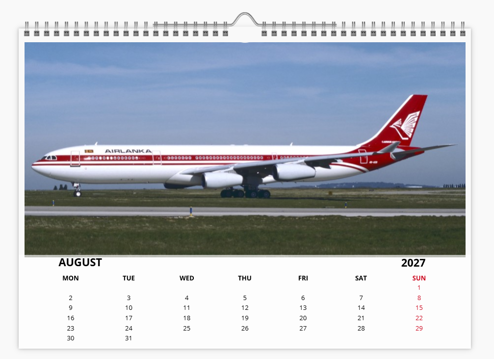 AIR LANKA CYLON AIRWAYS 2027 Calendar A4 WALL Calendar
