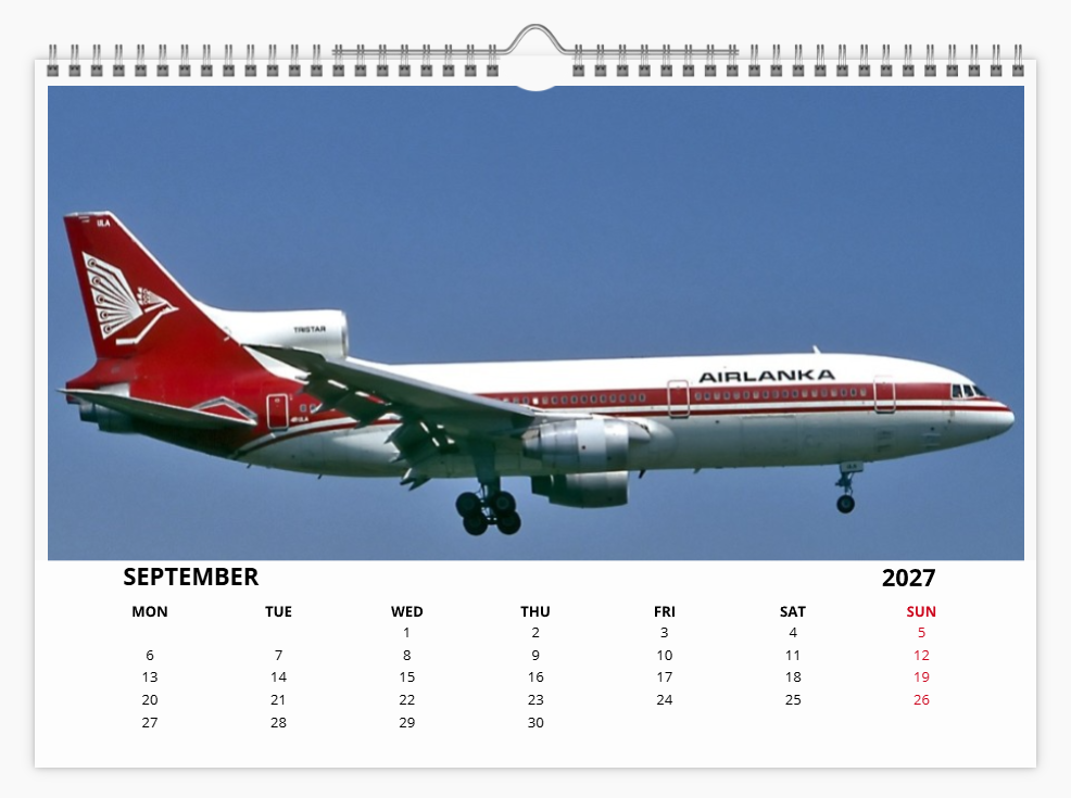 AIR LANKA CYLON AIRWAYS 2027 Calendar A4 WALL Calendar