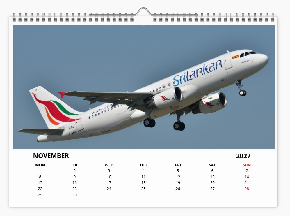 AIR LANKA CYLON AIRWAYS 2027 Calendar A4 WALL Calendar
