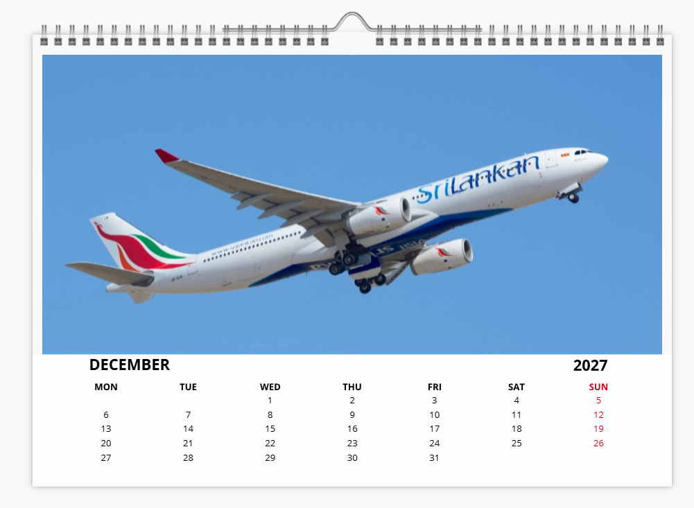 AIR LANKA CYLON AIRWAYS 2027 Calendar A4 WALL Calendar