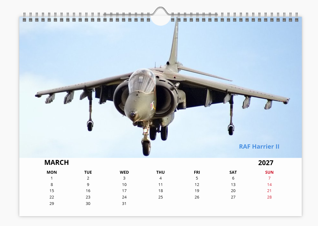 HS BAC HARRIER JUMP JET RAF 2027 Calendar A4 WALL Calendar