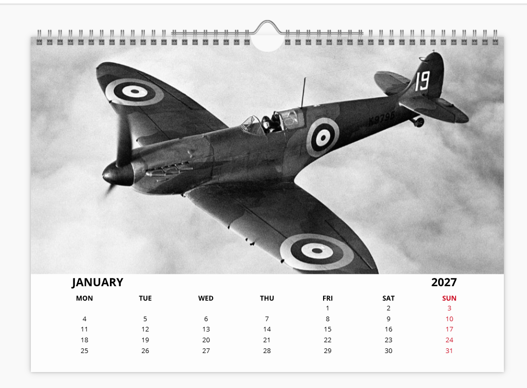 SUPERMARINE SPITFIRE RAF FIGHTER 2027 Calendar A4 WALL Calendar