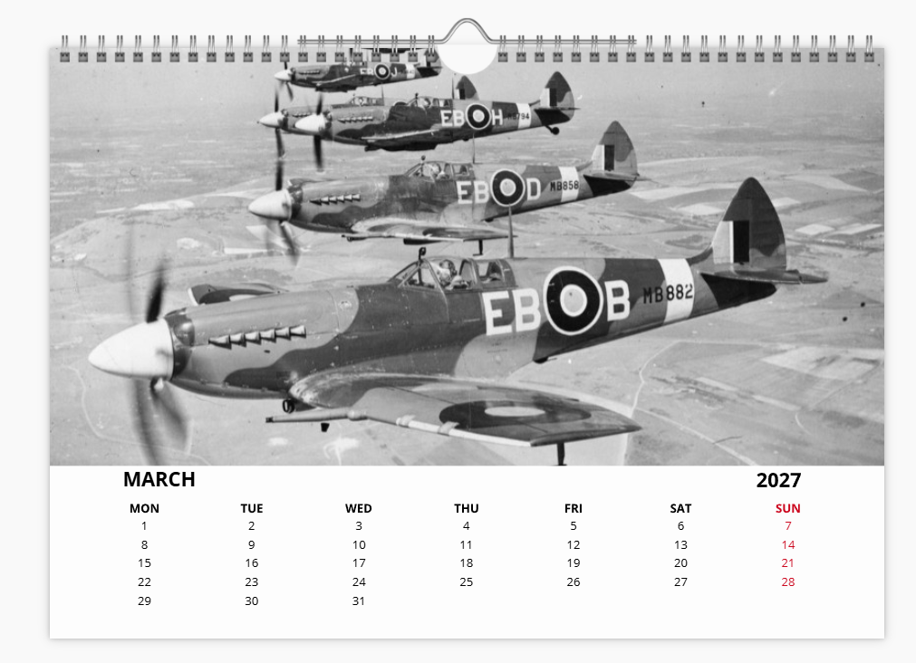 SUPERMARINE SPITFIRE RAF FIGHTER 2027 Calendar A4 WALL Calendar