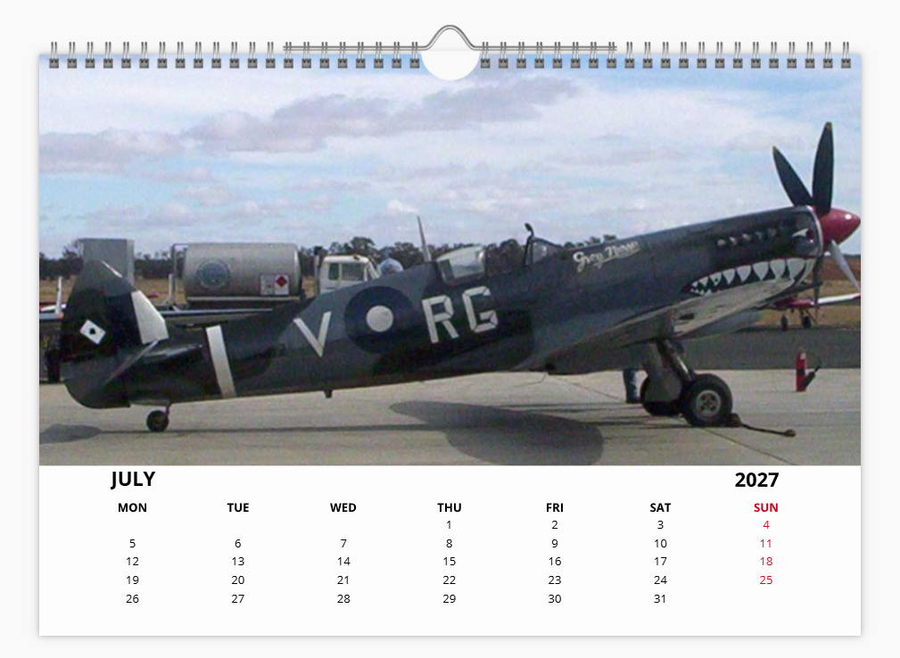 SUPERMARINE SPITFIRE RAF FIGHTER 2027 Calendar A4 WALL Calendar