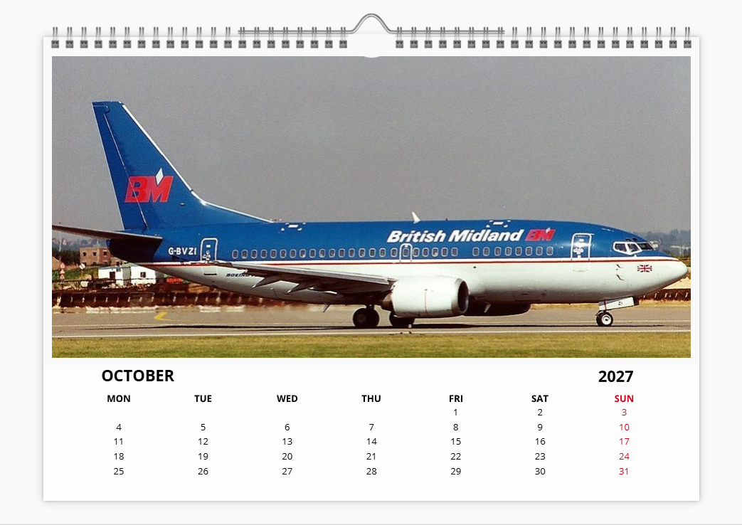 BMA BRITISH MIDLAND AIRWAYS 2027 Tribute Calendar A4 WALL Calendar