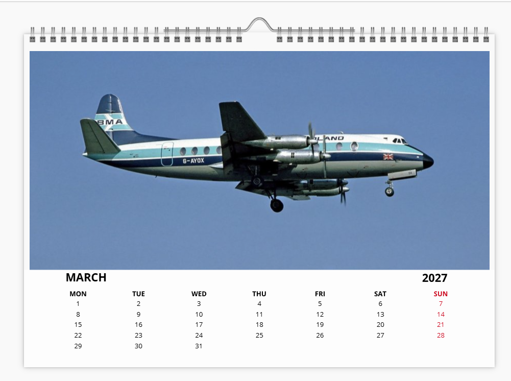 BMA British Midland Airways 2027 Tribute A4 Wall Calendar