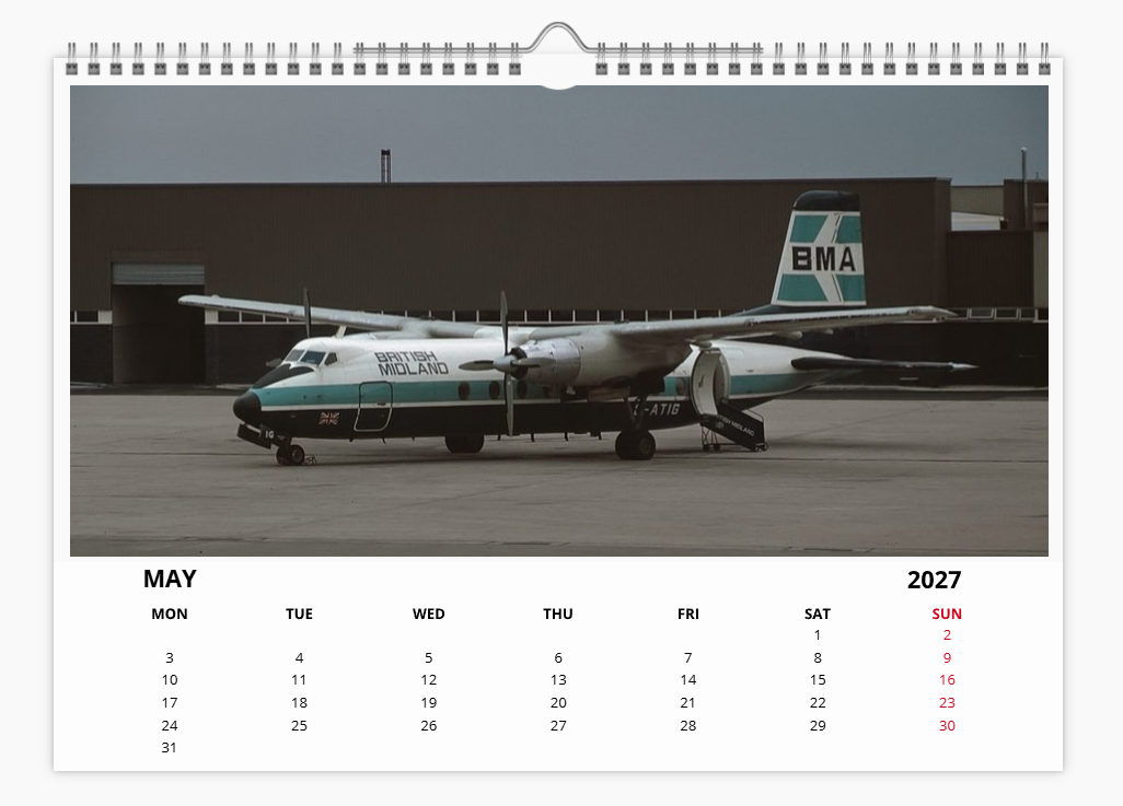 BMA BRITISH MIDLAND AIRWAYS 2027 Tribute Calendar A4 WALL Calendar