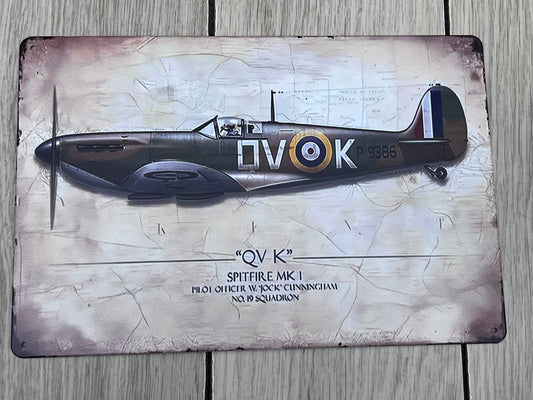RAF Spitfire Fighter PO Jock Cunningham 19 SQDN Aircraft Metal Wall Picture Plaque 30x20cm 12x8"